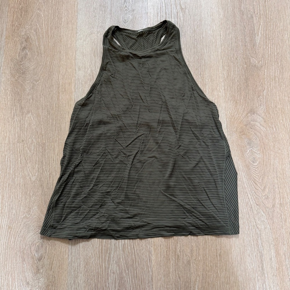 Lululemon Miles Ahead Tank Women 8 Dark Olive Striped High Neck Racerback Active